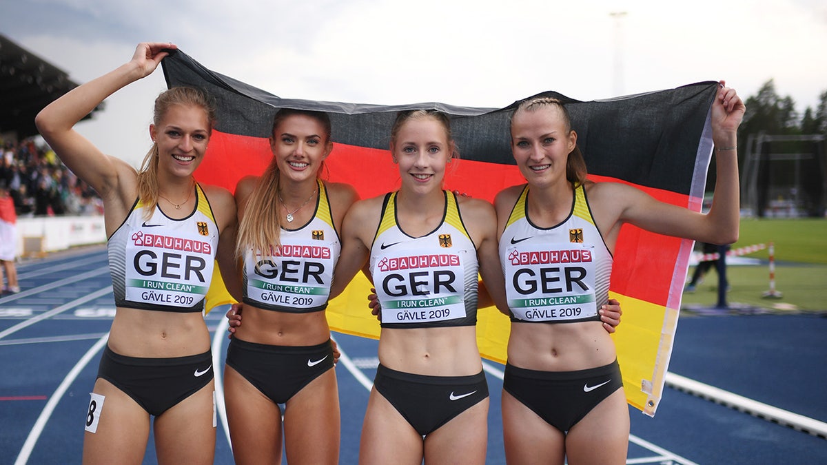 Nelly Schmidt, Corinna Schwab, Alica Schmidt and Luna Bulmah of Germany celebrate after the Women´s 4x 400m final during day four of the European Athletics U23 Championships 2019 at the Gavlestadion on July 14, 2019 in Gavle, Sweden. 