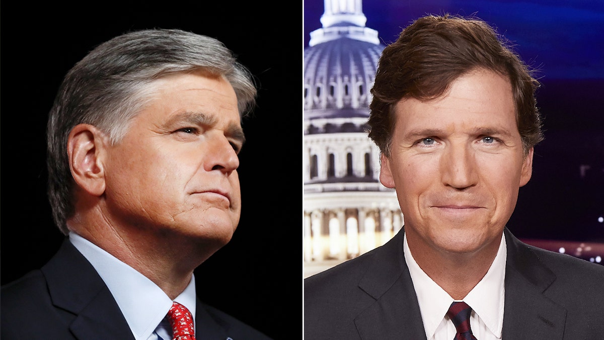 Sean Hannity and Tucker Carlson helped Fox News’ primetime lineup dominate October. (Drago/Bloomberg via Getty Images