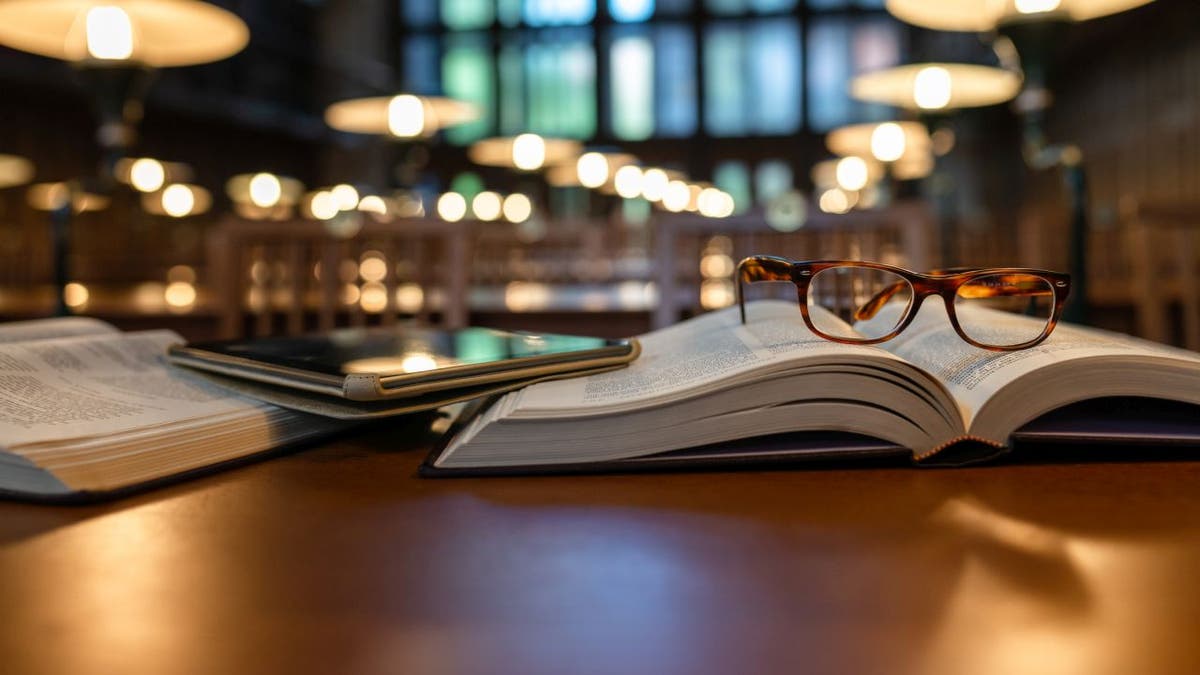 tablet and books on table in a public library