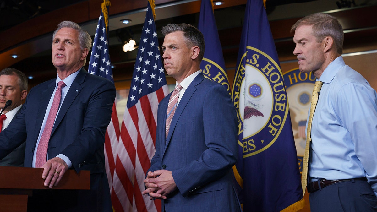 House Minority Leader Kevin McCarthy, R-Calif., left, is joined by his picks for the Jan. 6 Select Committee after House Speaker Nancy Pelosi rejected two Republicans, Rep. Jim Banks, R-Ind., center, and Rep. Jim Jordan, R-Ohio, right, for the committee investigating the Jan. 6 Capitol insurrection, at the Capitol in Washington on Wednesday. (AP Photo/J. Scott Applewhite)