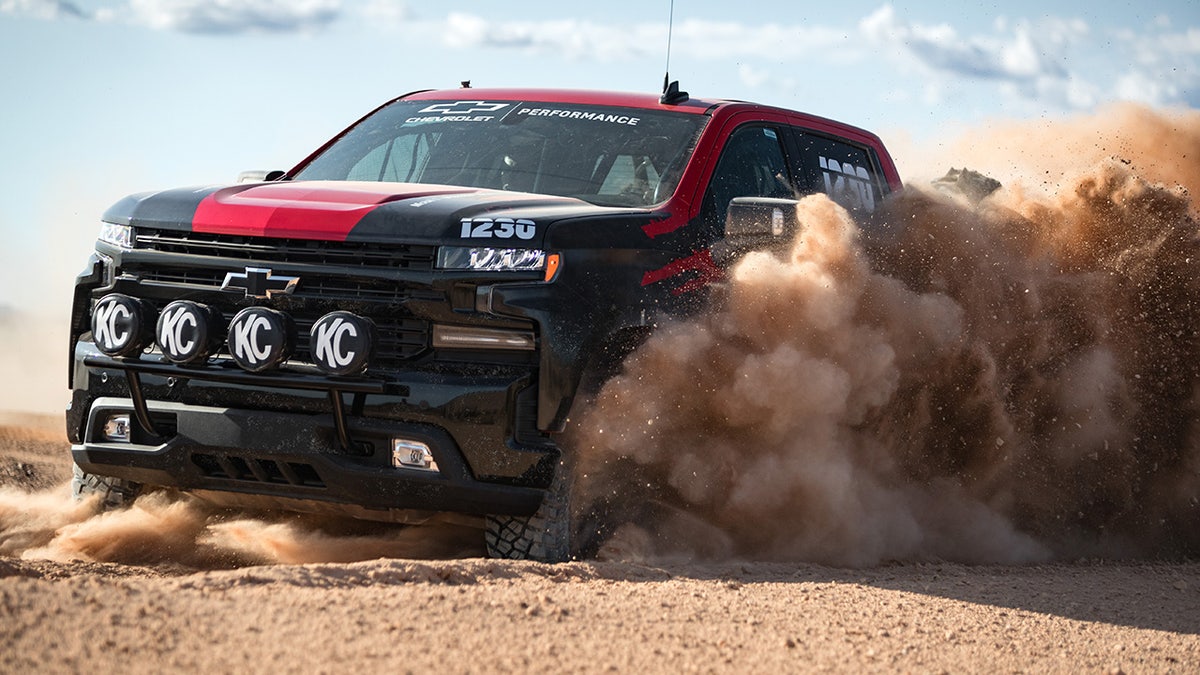 The Silverado race truck is based on the Trail Boss trim.