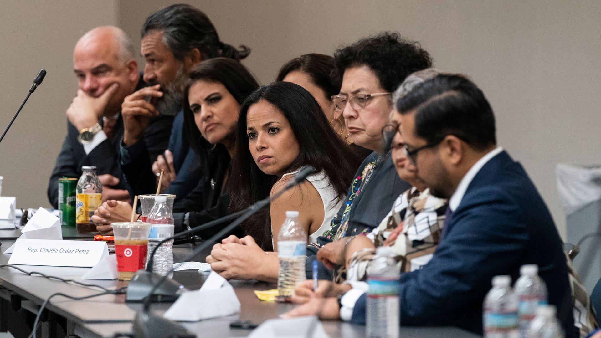 Members listen before Vice President Kamala Harris meets with Democrats from the Texas state legislature at the American Federation of Teachers on July 13.