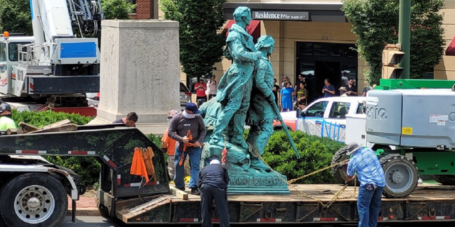 The statue of Lewis & Clark and Sacagawea being hauled away in Charlottesville, Virginia on July 10, 2021 (City of Charlottesville)