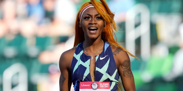 In this June 19, 2021 photo, Sha'Carri Richardson celebrates after winning the first heat of the semis finals in women's 100-meter runat the U.S. Olympic Track and Field Trials in Eugene, Ore. Richardson cannot run in the Olympic 100-meter race after testing positive for a chemical found in marijuana. Richardson, who won the 100 at Olympic trials in 10.86 seconds on June 19, told of her ban Friday, July 2 on the "Today Show."(AP Photo/Ashley Landis)