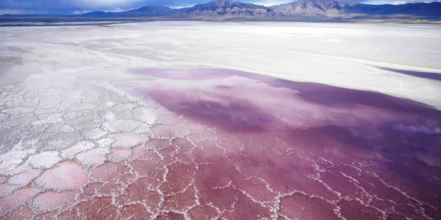 Pink water washes over a salt crust on May 4, 2021, along the receding edge of the Great Salt Lake. The lake has been shrinking for years, and a drought gripping the American West could make this year the worst yet. 