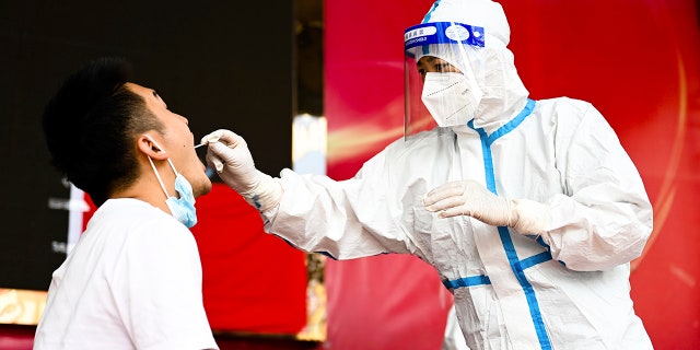 In this photo released by Xinhua News Agency, a medical worker collects a swab sample for nucleic acid test in Ruili City of southwest China's Yunnan Province, on July 5, 2021. (Wang Guansen/Xinhua via AP)