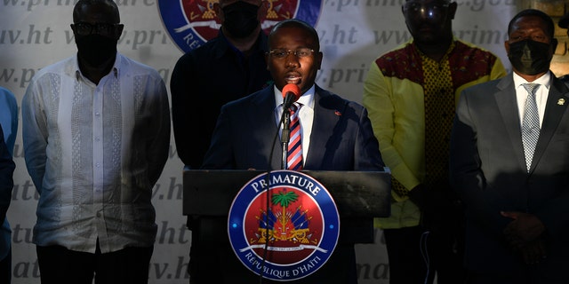 Acting President Claude Joseph speaks during a press conference at his residence in Port-au-Prince, Haiti, on Sunday July 11, 2021, four days after the assassination of Haitian President Jovenel Moise.  (AP Photo / Matias Delacroix)