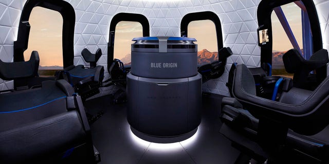 This undated photo made available by Blue Origin shows the interior of the crew capsule. When Blue Origin launches people into space for the first time, Jeff Bezos will be on board. No test pilots or flight engineers for the Tuesday, July 20, 2021, debut flight from West Texas - just Bezos, his brother, an 82-year-old aviation pioneer and a teenager. (Michael Craft/Blue Origin via AP)