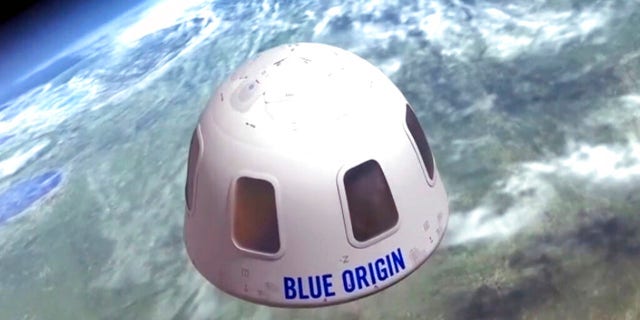 This undated image provided by Blue Origin shows an illustration of the capsule that will be used to take tourists into space. (Blue Origin via AP)