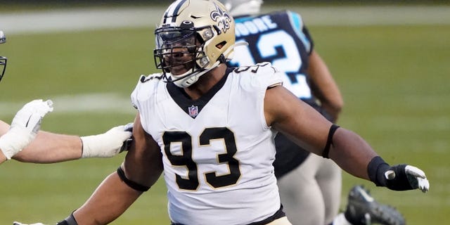 FILE - New Orleans Saints defensive tackle David Onyemata plays against the Carolina Panthers during the first half of an NFL football game in Charlotte, N.C., in this Sunday, Jan. 3, 2021, file photo.(AP Photo/Brian Blanco, File)