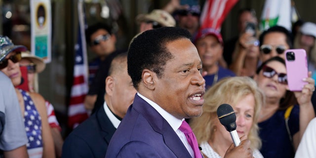 In this July 13, 2021, file photo, conservative radio talk show host Larry Elder speaks to supporters during a campaign stop in Norwalk, Calif. (AP Photo/Marcio Jose Sanchez, File)