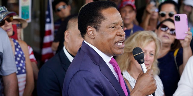 FILE: Conservative radio talk show host Larry Elder speaks to supporters during a campaign stop in Norwalk, Calif.