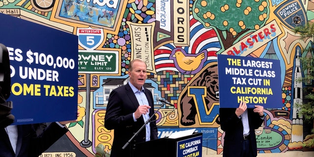 FILE - In this May 12, 2021, file photo, Kevin Faulconer, a Republican candidate for California governor, speaks during a news conference, in Downey, Calif. Faulconer was twice elected mayor of Democratic-leaning San Diego and left office last year. He was an early entrant in the recall race and has long been seen as a potential statewide candidate, given his centrist credentials in strongly Democratic California. (AP Photo/Michael R. Blood, File)