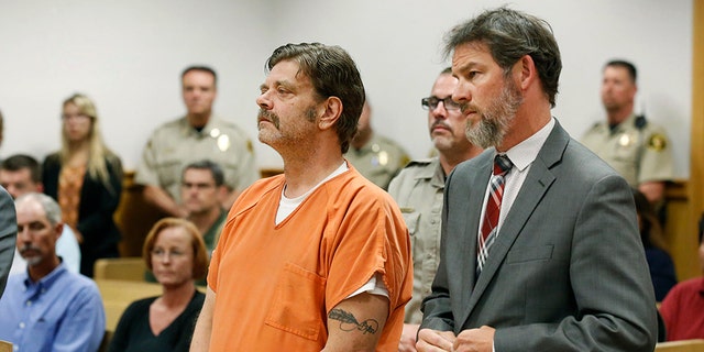 In this August 15, 2017 file photo, Mark Redwine makes his first appearance in district court in Durango, Colorado.  Redwine was sentenced Friday to nearly five decades in prison for the death of his 13-year-old son. 