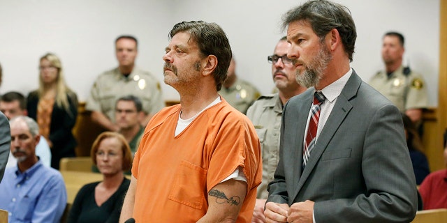 In this August 15, 2017 file photo, Mark Redwine makes his first appearance in district court in Durango, Colorado.  Redwine was sentenced Friday to nearly five decades in prison for the death of his 13-year-old son. 