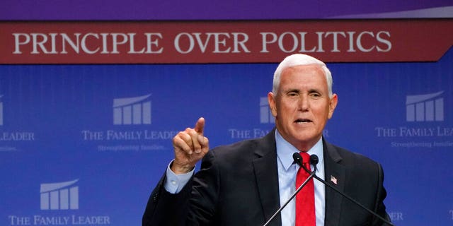 Former Vice President Mike Pence speaks at the Family Leadership Summit, Friday, July 16, 2021, in Des Moines, Iowa.  (AP Photo / Charlie Neibergall)