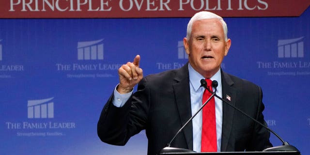 Former Vice President Mike Pence speaks at the Family Leadership Summit, Friday, July 16, 2021, in Des Moines, Iowa.  (AP Photo / Charlie Neibergall)