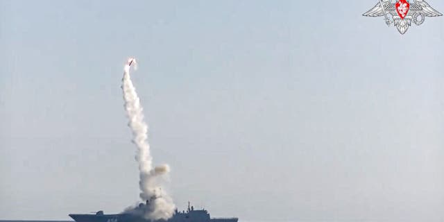 In this photo taken from video distributed by Russian Defense Ministry Press Service, a new Zircon hypersonic cruise missile is launched by the frigate Admiral Gorshkov of the Russian navy from the White Sea, north of Russia, July 19, 2021.