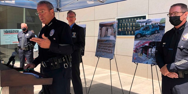 Los Angeles Police Chief Michel Moore talks during a news conference in Los Angeles on Monday. Moore said bomb technicians overloaded a detonation truck with homemade fireworks last month, causing a catastrophic explosion that injured 17 people. (AP Photo/Stefanie Dazio)