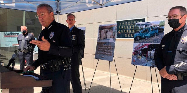 Los Angeles Police Chief Michel Moore talks during a news conference in Los Angeles on Monday. Moore said bomb technicians overloaded a detonation truck with homemade fireworks last month, causing a catastrophic explosion that injured 17 gente. (AP Photo/Stefanie Dazio)
