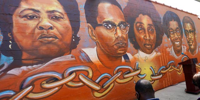 Five of the six civil rights legends, living and dead, that the Jackson State University's Office of Community Engagement, are honored with the unveiling of its "Chain Breakers" mural at the COFO building in Jackson, Miss., Saturday, July 24, 2021.