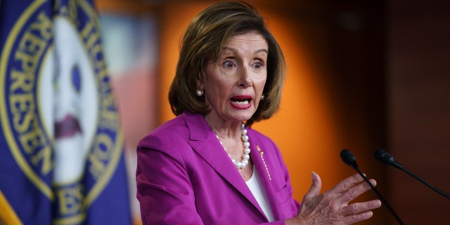 House Speaker Nancy Pelosi (D-California) speaks to reporters at the Capitol Building in Washington on Wednesday, July 28, 2021, one day after the first hearing by her elected committee on the January 6 attacks.  (AP Photo/J. Scott Applewhite)