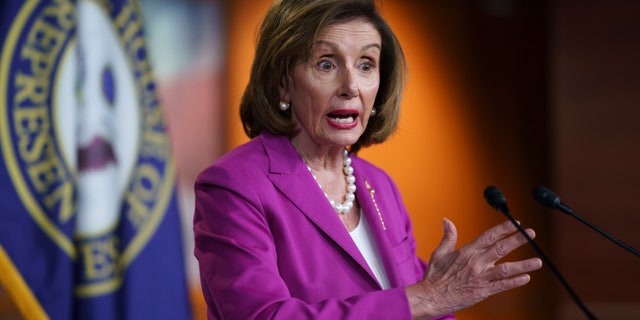 House Speaker Nancy Pelosi (D-California) speaks to reporters at the Capitol Building in Washington on Wednesday, July 28, 2021, one day after the first hearing by her elected committee on the January 6 attacks.  (AP Photo/J. Scott Applewhite)