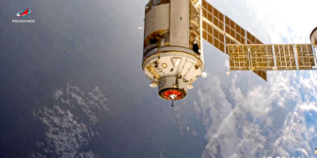 In this photo provided by Roscosmos Space Agency Press Service, the Nauka module is seen prior to docking with the International Space Station on Thursday, July 29, 2021. Russia's long-delayed lab module successfully docked with the International Space Station on Thursday, eight days after it was launched from the Russian space launch facility in Baikonur, Kazakhstan. The 20-metric-ton (22-ton) Nauka module, also called the Multipurpose Laboratory Module, docked with the orbiting outpost after a long journey and a series of manoeuvres. (Roscosmos Space Agency Press Service photo via AP)