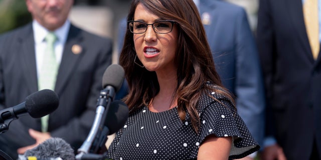 Rep. Lauren Boebert, R-Colo., speaks at a news conference held by members of the House Freedom Caucus on Capitol Hill in Washington, Thursday, July 29, 2021, to complain about Speaker of the House Nancy Pelosi, D-Calif., and masking policies. 