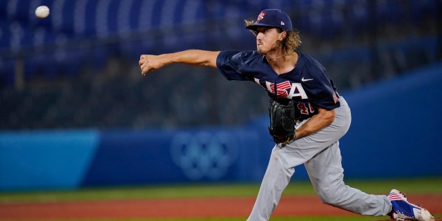 United States' Joe Ryan (40) pitches against Israel during a baseball game at the 2020 Summer Olympics, Friday, July 30, 2021, in Yokohama, Japan. (AP Photo/Sue Ogrocki)