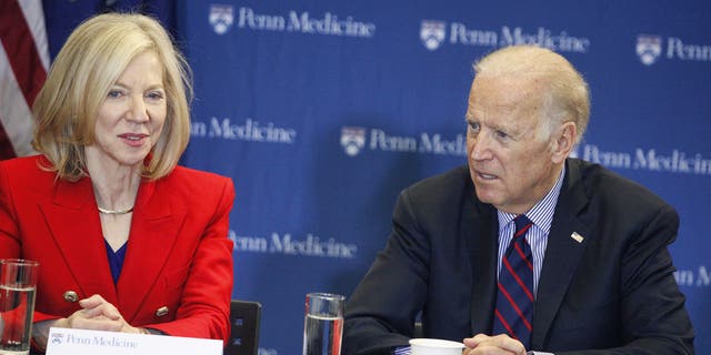 PHILADELPHIA, PA - JANUARY 15 :  Vice President Joe Biden pictured alongside Dr. Amy Gutmann to launch a "moonshot" initiative to hasten a cure for cancer at the Penn Medicine's Abramson Cancer Center  in Philadelphia, Pa., on Jan. 15, 2016 (Star Shooter/MediaPunch/IPX)