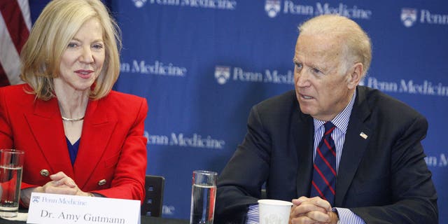 PHILADELPHIA, PA - JANUARY 15 :  Vice President Joe Biden pictured alongside Dr. Amy Gutmann to launch a moonshot initiative to hasten a cure for cancer at the Penn Medicine's Abramson Cancer Center  in Philadelphia, Pa., on Jan. 15, 2016 (Star Shooter/MediaPunch/IPX)