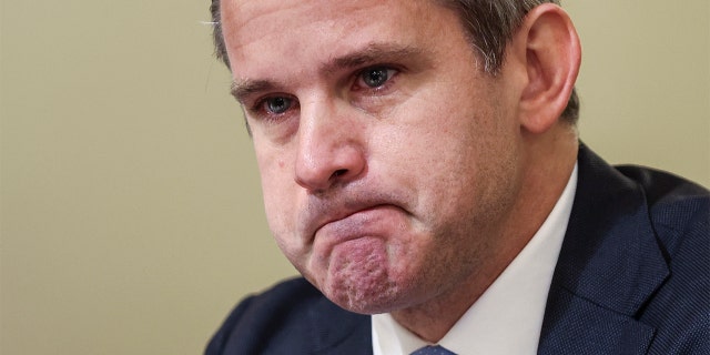 Then-Rep. Adam Kinzinger, R-Ill., gets emotional as he speaks during the House select committee hearing on the Jan. 6 attack on Capitol Hill in Washington, Tuesday, July 27, 2021. 