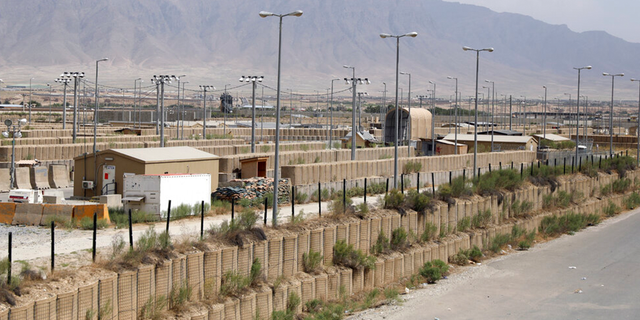 Blast wallls and a few buildings can be seen at the Bagram air base after the American military left the base, in Parwan province north of Kabul, Afghanistan, Monday, July 5, 2021.