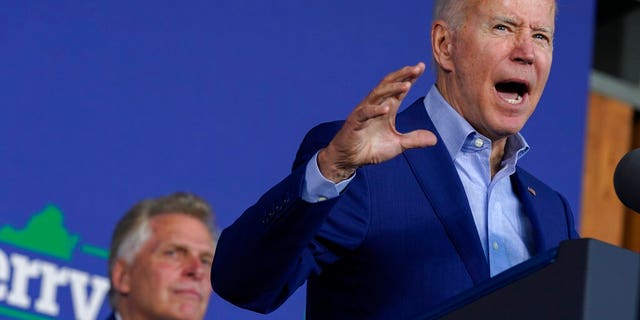 President Joe Biden speaks at a campaign event for Virginia democratic gubernatorial candidate Terry McAuliffe at Lubber Run Park, Friday, July 23, 2021, in Arlington, Va. (AP Photo/Andrew Harnik)