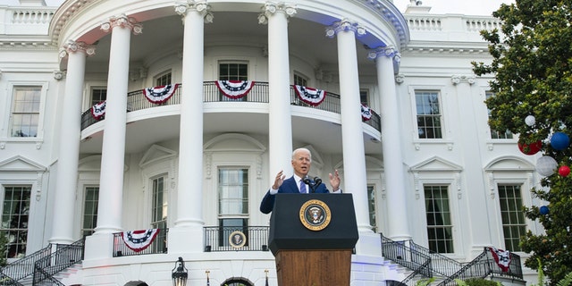 President Biden speaks during a Fourth of July event on the South Lawn of the White House in Washington, D.C., U.S., on Sunday, July 4, 2021. 