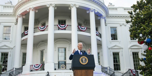 President Biden speaks during a Fourth of July event on the South Lawn of the White House in Washington, D.C., U.S., on Sunday, July 4, 2021. 