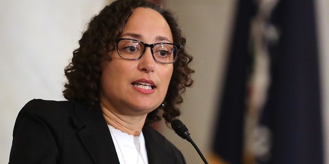 U.S. Commission on Civil Rights Chair Catherine Lhamon addresses a post-midterm election meeting of Rev. Al Sharpton's National Action Network in the Kennedy Caucus Room at the Russell Senate Office Building on Capitol Hill Nov. 13, 2018, in Washington, D.C. (Photo by Chip Somodevilla/Getty Images)