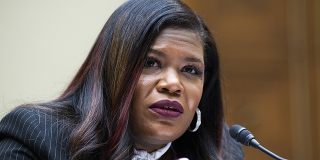 Rep. Cori Bush, D-Mo., testifies during the House Oversight and Reform Committee hearing, May 6, 2021. 