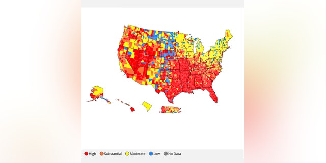 A county-level breakdown of community COVID-19 spread from July 19 to July 25. Per the CDC’s new guidance, in areas with substantial and high transmission, the agency recommends that fully vaccinated individuals wear a mask in public indoor settings to help prevent spread of delta and protect others.