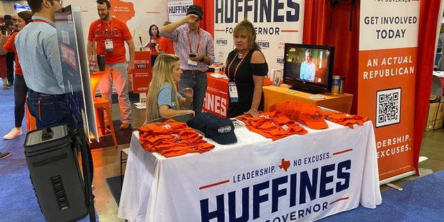 The CPAC Dallas booth for Texas GOP gubernatorial candidate and former state Sen. Dan Huffines, in Dallas, Texas on July 9, 2021