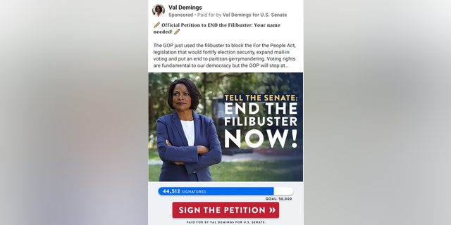 Democratic Senate candidate Rep. Val Demings of Florida runs ads on Facebook spotlighting her support for scrapping the legislative filibuster.