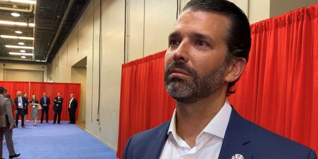 Donald Trump Jr. speaks to Fox News Digital at CPAC Dallas.  Trump Jr. said he would "have a lot of fun" spur the main challengers of outgoing Republicans who voted to impeach former President Trump.  (Paul Steinhauser / Fox News)