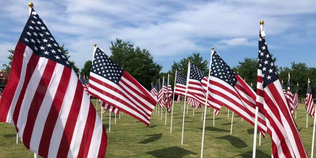 Des drapeaux américains sont vus dans le champ