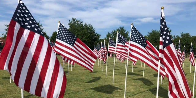 Des drapeaux américains sont vus dans le champ