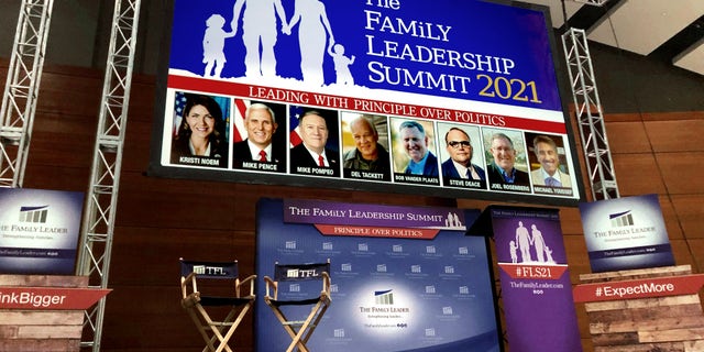 The stage is set in Des Moines for Friday's annual leadership summit hosted by The Family Leader, a top social conservative group in Iowa. In Des Moines, Iowa on July 15, 2021. Select Source