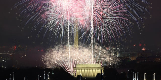 Fireworks explode over the Lincoln Memorial on the National Mall during Independence Day celebrations in Washington, DC on July 4, 2021. 