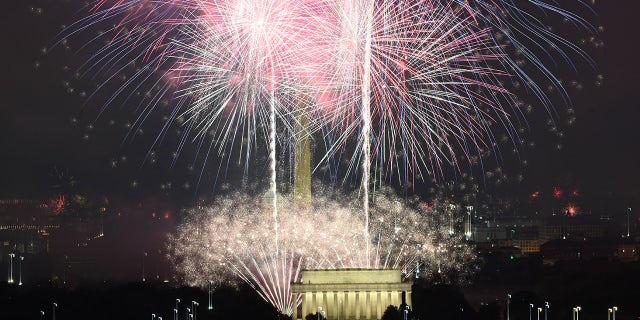 Fireworks explode over the Lincoln Memorial on the National Mall during Independence Day celebrations in Washington, DC on July 4, 2021. 