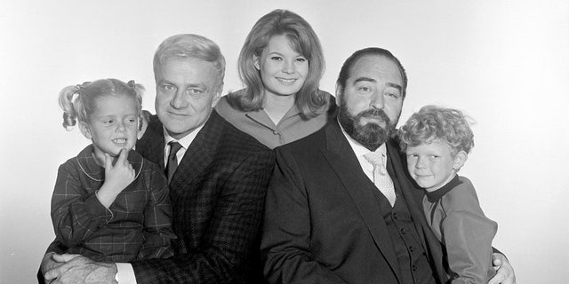 Portrait of the cast of the television series 'Family Affair,' August 10, 1966. Pictured, from left, are American actors Anissa Jones (1958 - 1976) as Buffy, Brian Keith (1921 - 1997) as Bill Davis, and Kathy Garver as Cissy, British actor Sebastian Cabot (1918 - 1977) as Mr. French, and American actor Johnny Whitaker as Jody. 