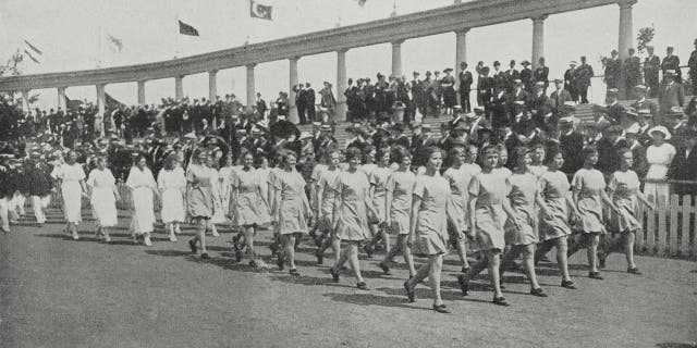 Danish gymnasts paraded at the Games of the VII Olympiad in Antwerp, Belgium, August 29, 1920. This image was published in the L'Illustrazione Italiana, a Milan-based weekly magazine that operated between 1873 and 1962.